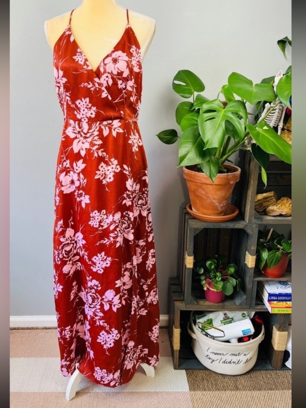 Lush Burnt Orange and Pink Satin Floral Maxi Dress